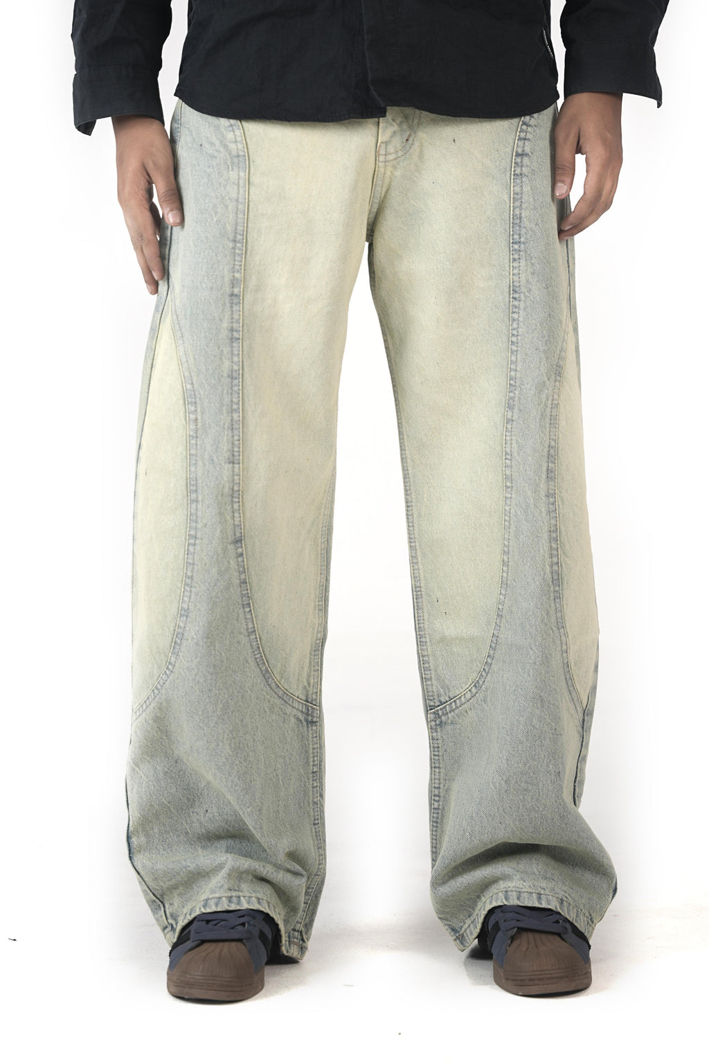 Faded Cream Blue Denim Wide-Leg Panel  Jeans