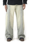 Faded Cream Blue Denim Wide-Leg Panel  Jeans