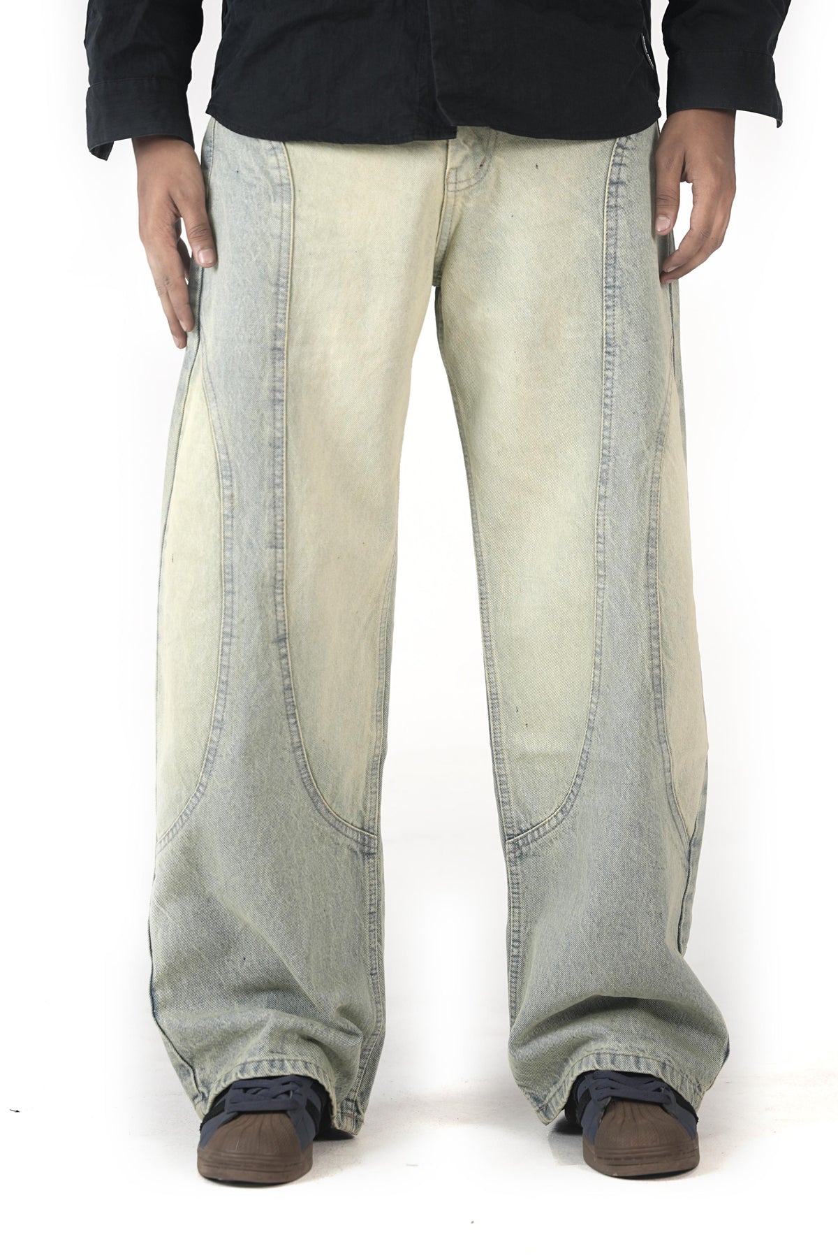 Faded Cream Blue Denim Wide-Leg Panel  Jeans