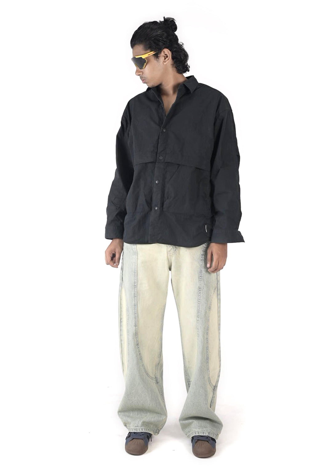 Faded Cream Blue Denim Wide-Leg Panel  Jeans