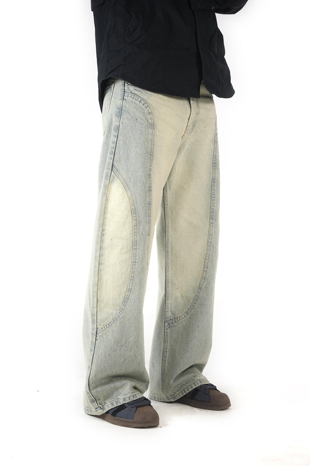 Faded Cream Blue Denim Wide-Leg Panel  Jeans