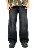 Pintex Knee Cut Black Washed Wide-Leg Jeans