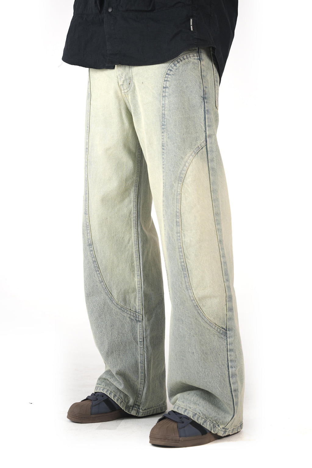 Faded Cream Blue Denim Wide-Leg Panel  Jeans